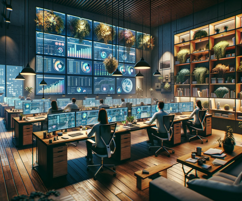 DALL·E 2024-02-01 10.15.26 – Uma imagem ultrarrealista de um pequeno escritório acolhedor de gestão de cadeia de suprimentos, com iluminação suave e decoração moderna. Há apenas d